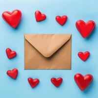 AI generated Closed envelope made of Kraft paper and red hearts on a blue background. Envelope and red hearts on blue background. Valentines day concept. photo