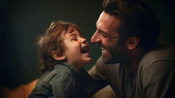 ai generado retrato de un contento padre y su pequeño hijo riendo juntos. foto