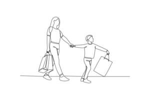 uno continuo línea dibujo de contento personas compras a centro comercial. compras concepto. garabatear vector ilustración en sencillo lineal estilo.