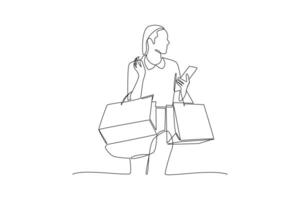 One continuous line drawing of Happy people shopping at mall. Shopping concept. Doodle vector illustration in simple linear style.