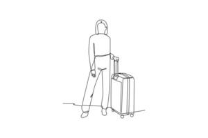 Continuous one line drawing Traveling with bag or suitcase concept. Doodle vector illustration.