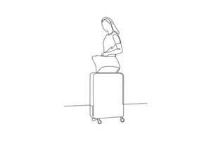 Continuous one line drawing Traveling with bag or suitcase concept. Doodle vector illustration.