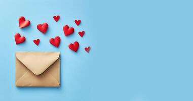 AI generated A Kraft envelope and a red heart on a light blue background with space for text. Horizontal banner on the eve of festive events. photo