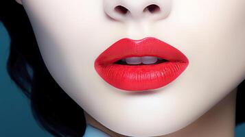 AI generated Women's red lips close-up with smooth skin. Beautiful Asian woman with color lips close-up white skin. photo