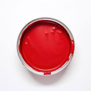 AI generated A can of red paint with splattered edges, top view. Bright red cosmetics on a white background. photo