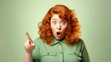 AI generated Shocked redhead woman looking at camera and pointing with index finger. Deceived buyer. photo