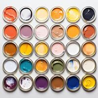 ai generado latas tapa de pintar aislado en blanco antecedentes. parte superior vista. un grande conjunto de pinturas plano poner. foto