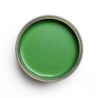 AI generated Green paint can isolated on white background. Top view. Flat lay. photo