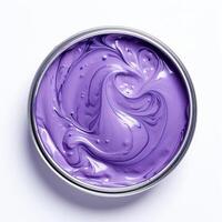 AI generated Lilac paint in a round container isolated on white. The texture of paint and pigment after mixing with a mixer. A jar of purple nail polish on a white background, top view. photo