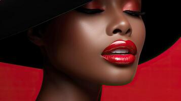 AI generated Beautiful black woman with red lips and hat on a red background. Close-up of a woman's face. A woman with her eyes closed and her mouth slightly open. photo