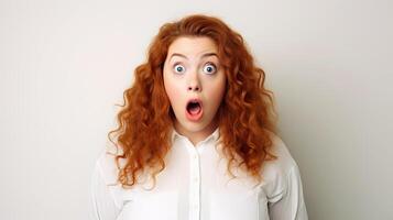 AI generated Shocked redhead woman in white shirt looking at camera over white background. photo