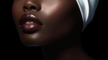 ai generado hermosa negro mujer con lozano labios y blanco sombrero. foto