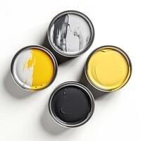 AI generated Cans with yellow, grey and black paint on a white background, top view. photo