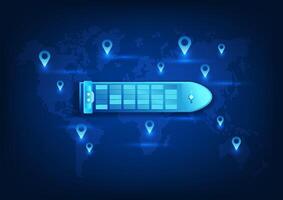 transporte y logística tecnología en todo el mundo Envío utilizando buques y ai tecnología a identificar ubicaciones y ayuda gestionar transporte sistemas buques navegación en el mundo mapa equipado con GPS vector