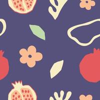 Abstract seamless pattern with botanical elements and pomegranate. Vector wallpaper on a blue background. Perfect for textiles or surface design