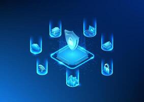 Microchip technology is a digital processing system with cyber security. It is to prevent theft and destruction of data. The microchip above is a shield with a lock and network icons. isometric image vector
