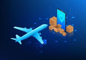 E-commerce industry, airplanes to transport goods around the world It uses a smartphone to order products online along with specifying the delivery location. Airplane flying into cell phone with box vector