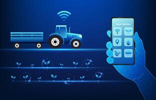 Smart Farm, a mobile phone that controls agricultural farm operations Measure production growth, care for crops, temperature, and control shipping. Bringing technology in to help with farming vector