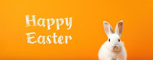 AI generated White rabbit on an orange background. Easter concept. Fluffy white animal, young hare. The Easter bunny looks into the lens with a wish for Happy Easter. photo