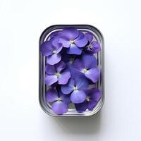 AI generated Blue hydrangea petals in a tin can on white background. Purple hydrangea petals in a metal box on white background. Can with blue violet on a white background, top view. photo