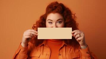 AI generated Portrait of beautiful young woman with red curly hair in orange coat holding blank card over her face. photo