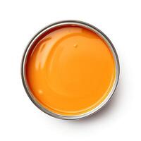 AI generated Open tin can of orange paint on a white background, top view. Open a round can of bright orange paint. Ideal paint texture, uniform warm color. photo