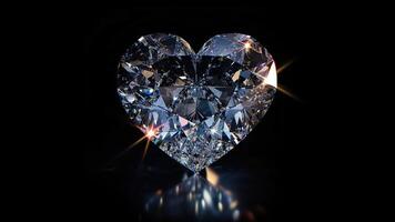 AI generated Brilliant diamond heart on a black background. Heart shaped diamond on black darkness. Crystal heart and bokeh lights. photo
