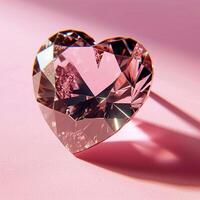 AI generated Gemstone heart on pink background with shadow. Heart shaped diamond on pink background. Valentines day concept. photo