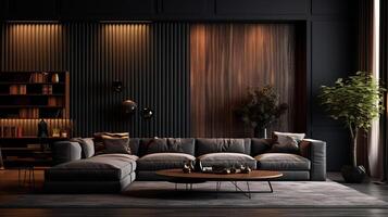 ai generado moderno vivo habitación interior con oscuro de madera paredes, hormigón piso, marrón sofá y café mesa. 3d representación de habitación. foto