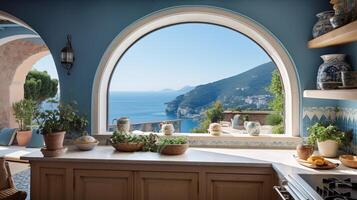 ai generado Mediterráneo cocina con azul paredes y un grande semicircular ventana. 3d representación. foto