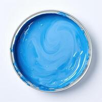 AI generated Can of blue paint on white background, top view. photo