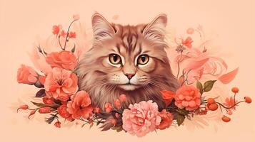 ai generado linda gato con flores en rosado antecedentes. digital Arte cuadro. foto