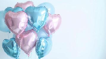 AI generated Blue and pink heart-shaped balloons on a white background with copy space. photo