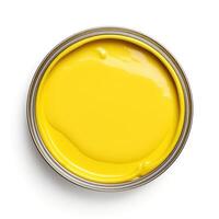 AI generated Full Can of bright yellow paint, top view. Yellow paint in a metal can isolated on a white background. Homogeneous texture of universal paint close-up. photo