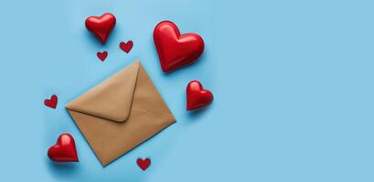 AI generated A Kraft envelope and a red heart on a light blue background with space for text. Horizontal banner on the eve of festive events. photo