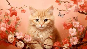 AI generated A small kitten on a branch of a flowering tree. Butterflies and spring flowers. Cat with spring flowers on peach background. photo