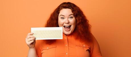 AI generated Surprised redhead woman holding a blank card on orange background. photo