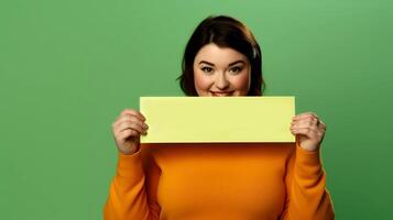 AI generated Happy young woman holding a blank sheet of paper on a green background. Portrait of cute chubby girl with white blank banner. photo