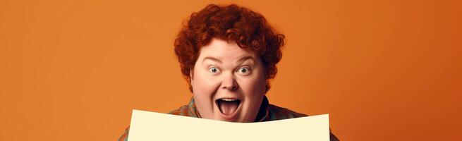 AI generated Surprised redhead fat female guy with blank sheet of paper on orange background. Horizontal banner with a portrait of the lucky owner of the gift of fate. photo