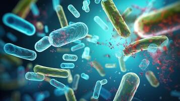 ai generado escherichia coli en agua debajo un microscopio. 3d ilustración de gram-negativo en forma de varilla bacterias con un soltero polar flagelo. foto