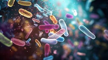 ai generado probióticos y bacterias 3d ilustración de un gram-negativo en forma de varilla bacterias con un soltero polar flagelo. biología y microscópico medicina foto