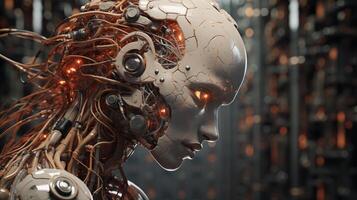 AI generated robot neural patterns, robotic look texture, photorealistic rendering, modern tech mood photo