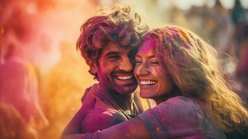 AI generated indian couple celebrating Holi, also called the festival of sharing and love or the festival of colors is a Hindu two day festival in the Spring. in india photo