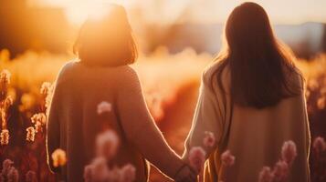 AI generated background for international women's day, womens holding hand shot from behind, warm and friendly mood photo