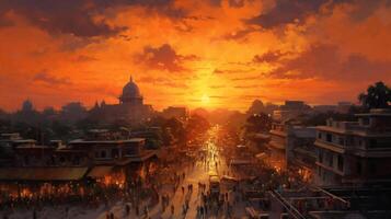 AI generated A serene city scene of New Delhi celebrating holi, with sunset with visible brushwork. Impasto texture and chiaroscuro lighting, emulating the style of a classical oil painting photo