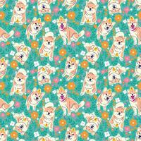 CUTE SHIBA INU IN SOME VARIOUS POSE WITH FLORAL SEAMLESS PATTERN vector