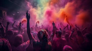 AI generated people of india celebrate holi, shoot from back side, very festive and fun mood, colorful smoke photo