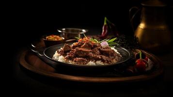 AI generated A plate of freshly cooked Beef stew and rice, served with seasoning and garnish photo