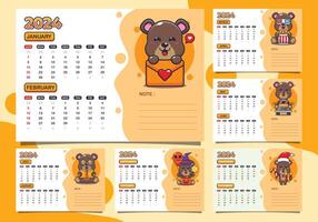 calendar 2024 year with cute bear character. Quarter calendar template for 2024 year. vector