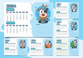 calendar 2024 year with cute cow character. Quarter calendar template for 2024 year. vector